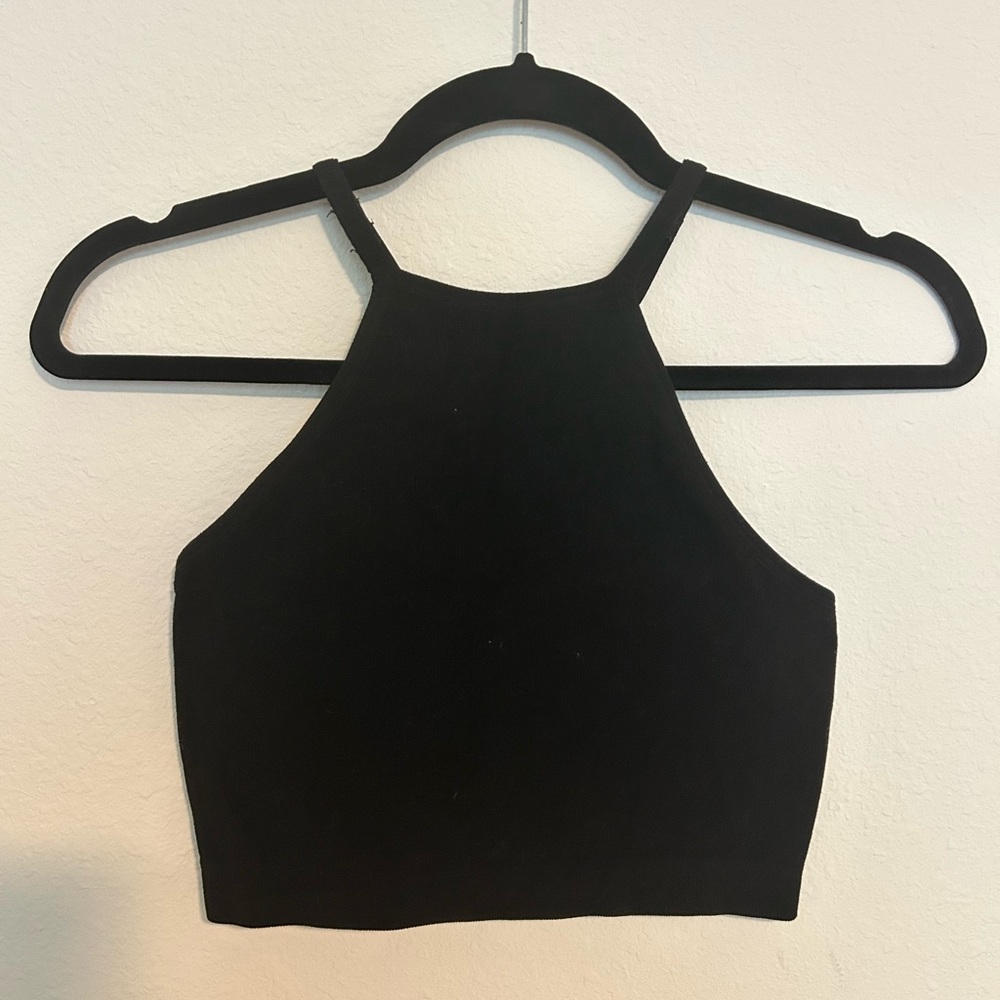 Black Halter Neck Ribbed Tank - Picture 2 of 4